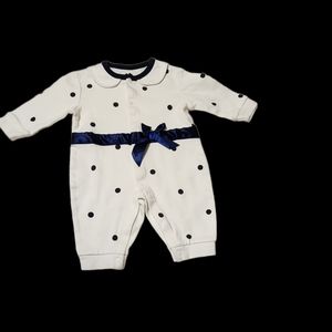 Navy blue polka dot with satin ribbon bow long onesie